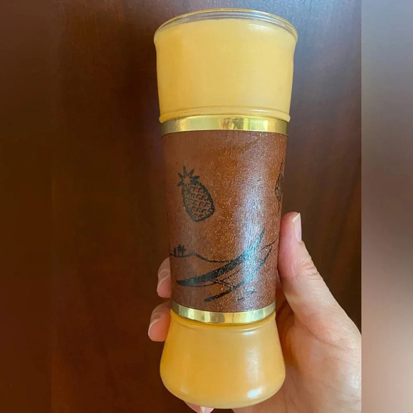 VINTAGE MCM SIESTA WARE TIKI BAR FROSTED GLASS SET 2 WOOD WRAP 60s Aqua & Mango - Picture 9 of 10